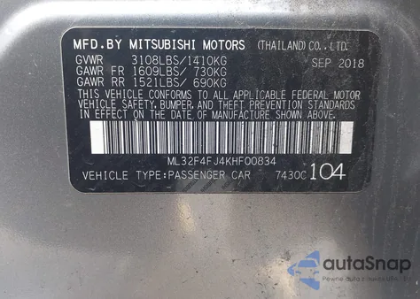 2019 Mitsubishi Mirage G4 Se z USA, uszkodzony, nr VIN ML32F4FJ4KHF00834